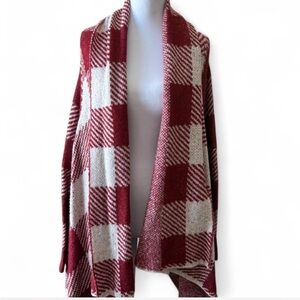 Red and White Asymmetrical Plaid Shrug